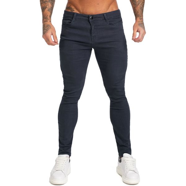 

stretchy gingtto denim pants super skinny fit mens jeans elastic waist ing for athletic body hip hop iiaa, Blue