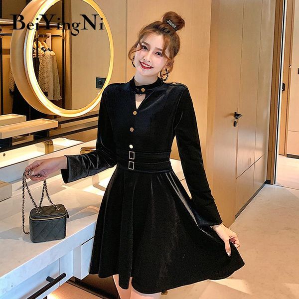 

beiyingni black velvet autumn winter woman dress elegant slim dresses hollow out long sleeve club french vestidos clothes, Black;gray