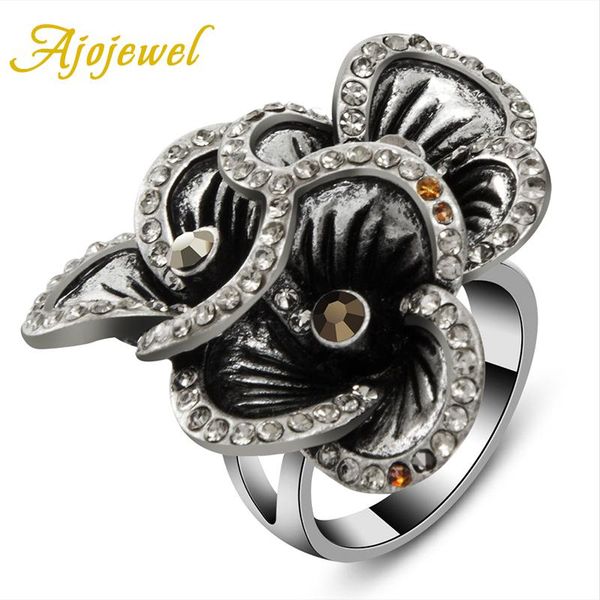 

cluster rings women's vintage three flowers ring antique big crystal rhinestone jewelry, Golden;silver