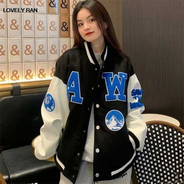 

lady letter print baseball uniform jacket brand button pocket couple thin casual loose bomber coat women's jacket 211014, Black;brown