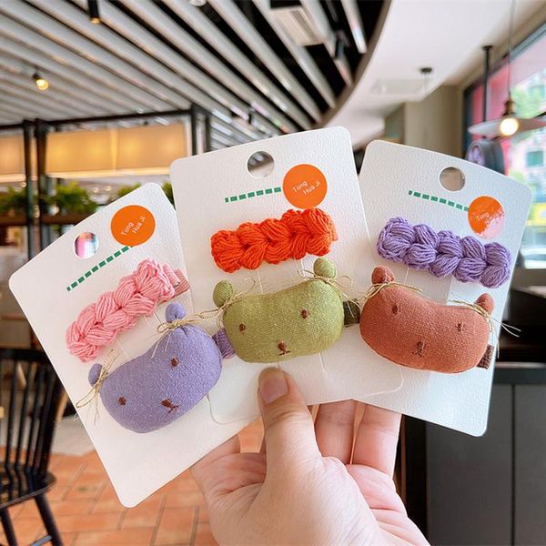

2 pcs new children creative cute fabric bear duckbill clip sweet girl fashion colorful wool braids barrettes hair accessories, Slivery;white