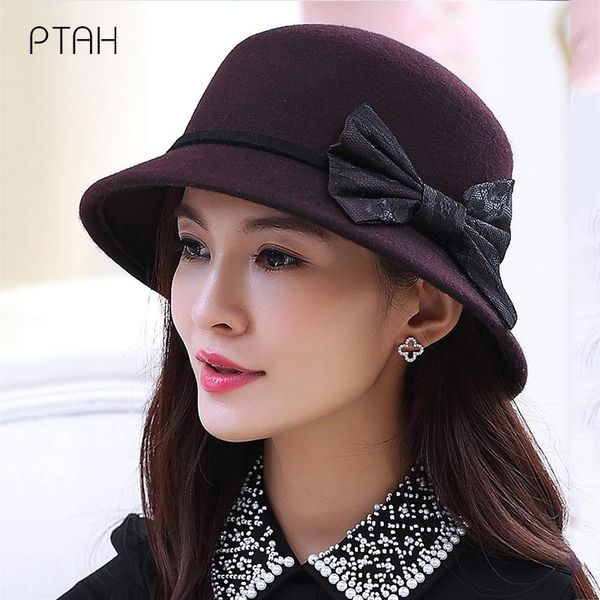 

stingy brim hats [ptah] wool fedora hat for women temperament elegant big bow 2021 autumn winter caps ladies 100% australian, Blue;gray