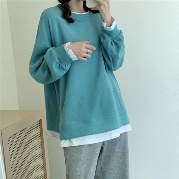 

women's hoodies & sweatshirts autumn pullovers batwing sleeve women o-neck fake two piece casual loose solid color clothes 9 colour, Black