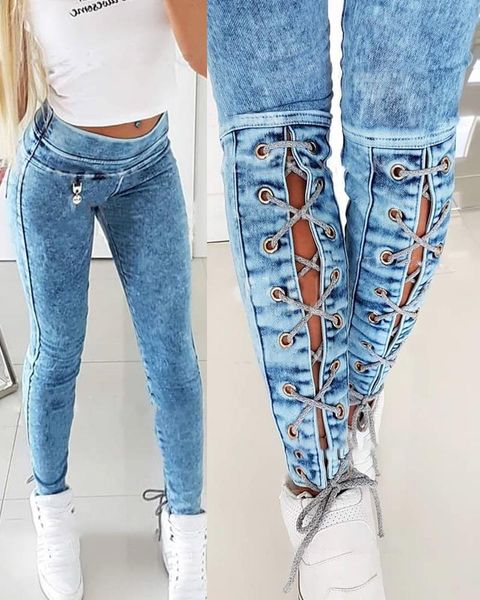 

women's jeans 2021 autumn spring girls daily wear solid color lace-up casual female long skinny high waist pants leggings, Blue