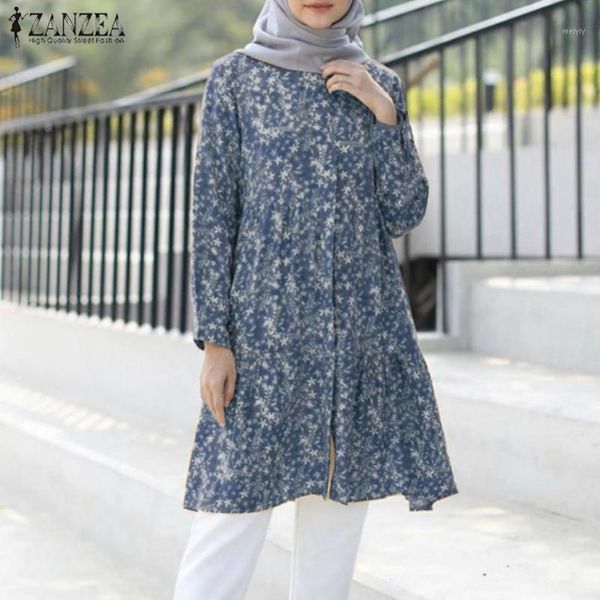 Женские блузки Рубашки женщины Abaya Мусульманская длинная рубашка осенью цветочные напечатанные рюшами подол блузку кафтан туника топы старинные блуз