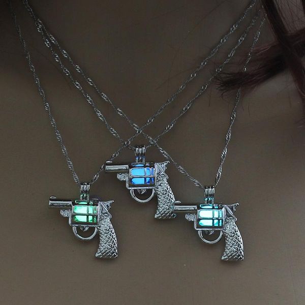 

chains glow in the dark necklace luminous hollow gun shaped pearl cage pendant necklaces for women s fashion jewelry, Silver
