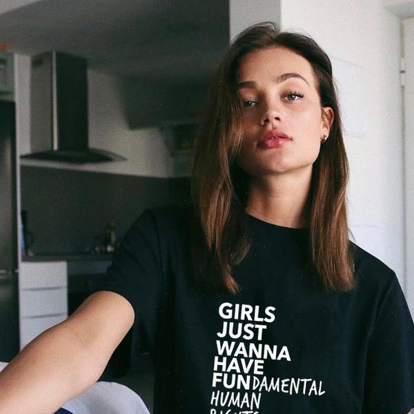 

girls just wanna have fundamental human rights print feminist t shirt women short sleeve summer o neck tees camisetas mujer, White
