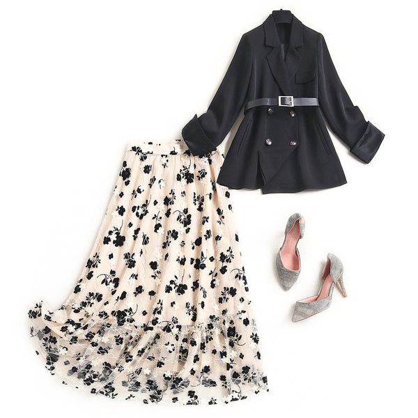 

two piece dress 2021 spring high end fashion office black blazer jacket suit for women with flocking embroidery floral long mesh skirt set, White