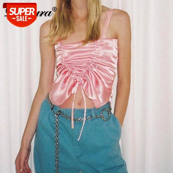 

dulzura satin women irregular strap crop drawstring ruched bodycon elegant party club streetwear 2021 spring summer #i43b, White