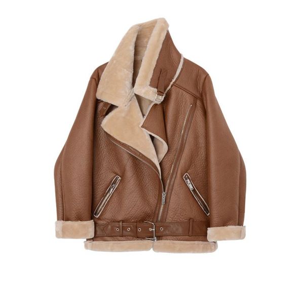 

2021fur one plus velvet leather jacket women's autumn and winter short locomotive windproof jacket thickened warm lamb wool coat, Black