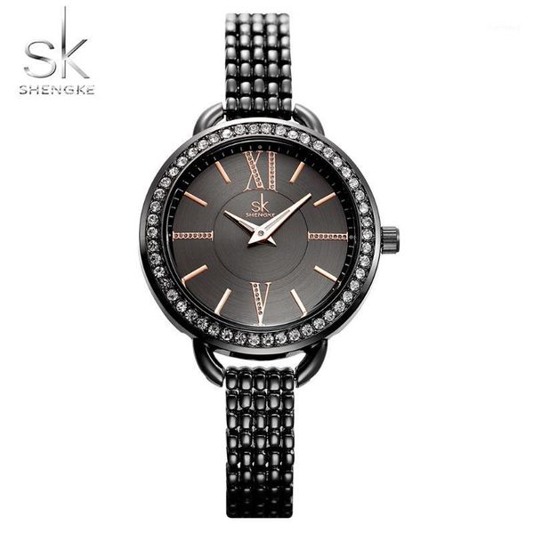 Relógios de pulso Sk Jewelry Gifts for Women Luxury Black Steel Quartz Watch Brand Shengke Women Womens Moda Ladies Relógio Relógio Feminino