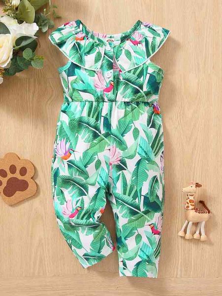 

baby tropical ruffle trim button front jumpsuit she, Blue