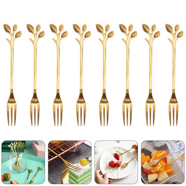 

8pcs stainless steel leaf cake dessert fruit picks forks kitchen tool (silver)
