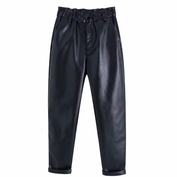 

women's pants & capris women chic pu leather solid elastic waist pockets casual loose trousers female basic elegant leisure p586, Black;white