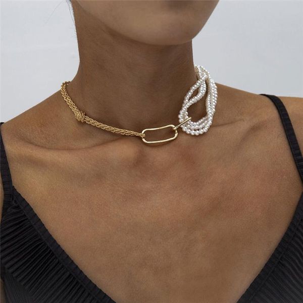 

european and american retro baroque pearl multilayer necklace with simple asymmetrical design short collarbone chain, Silver
