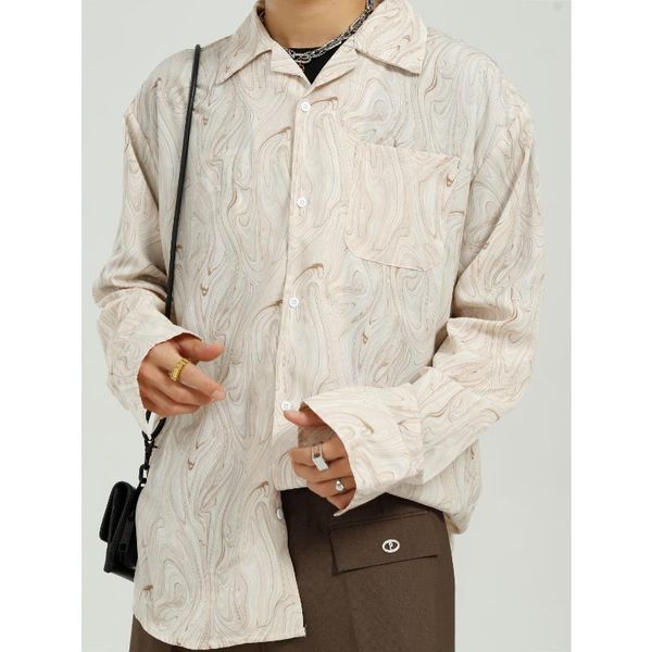 

men's casual shirts korean loose designer shirt men brown gray fashionable wavy striped printed long sleeve retro man high quality, White;black