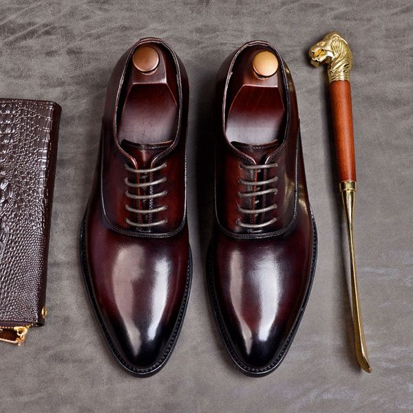 Sapatos sociais masculinos de couro legítimo com cadarço e dedo do pé processo de depilação com cera sapatos Oxford para homens sapatos formais para festa de casamento masculino A001