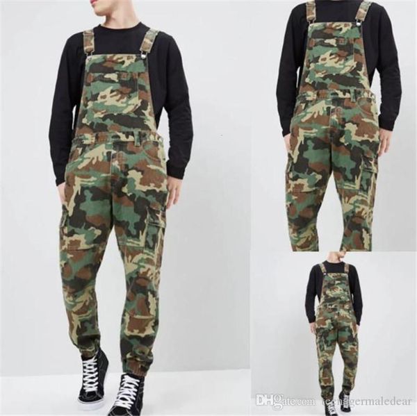 

camouflage denim mens overalls designer printed jeans jumpsuits fashion slim male long pants, Blue