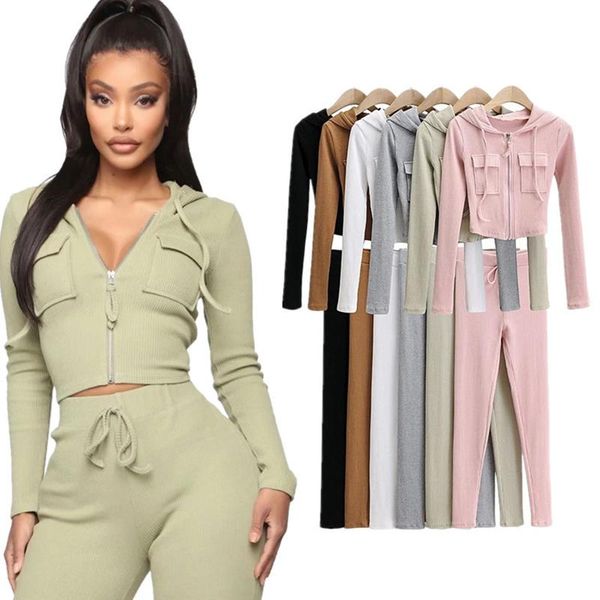 

women's two piece pants women suit 2021 autumn casual hooded crop knitted solid skinny sport fashion long sleeve 2 set female tracksui, White