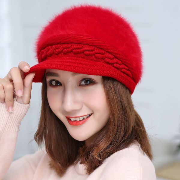 

plush rex rabbit hat women's rabbit hair new winter wool thickened warm knit hat, Yellow