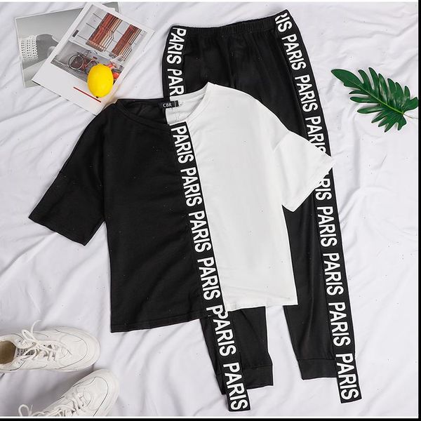 

summer 2 piece set women black white tracksuit sport jogger wear femme short sleeve loose and pantspatchwork outfits 2021, Gray