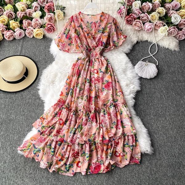 

boho maxi ruffle floral elegant women dress beach v neck chiffon dresses for party bohemian clothes flower, Black;gray