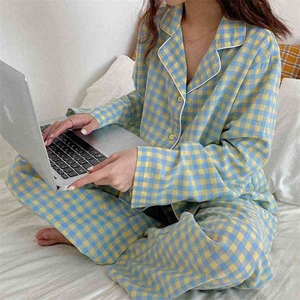 Coreano Roxo Grade Meninas Pijamas Definidos Bonito Inverno Manga Longa Lazer Sleepwear para Mulheres Solta Nightwear Homeowear Terno 210809