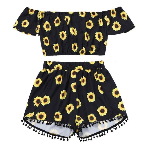 

t shirt off shoulder sunflower print short +tassel shorts two-piece outfit women summer beach party suit camiseta mujer#j4s, White