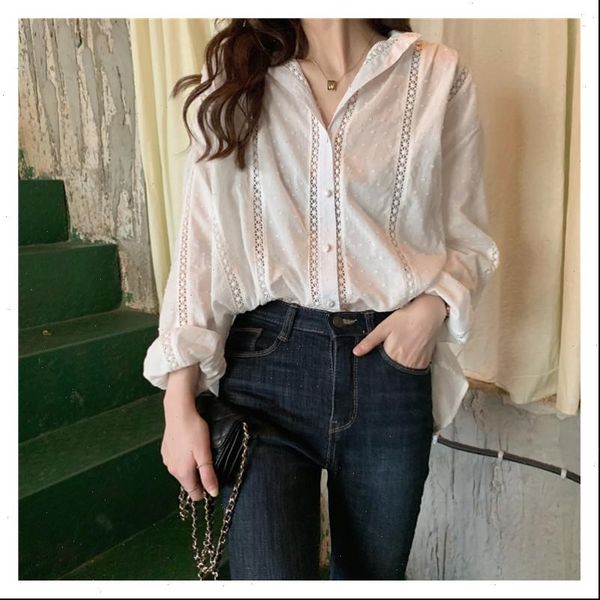 

summer sweet hollow out surface dots v neck long sleeve loose shirt women blouse, White