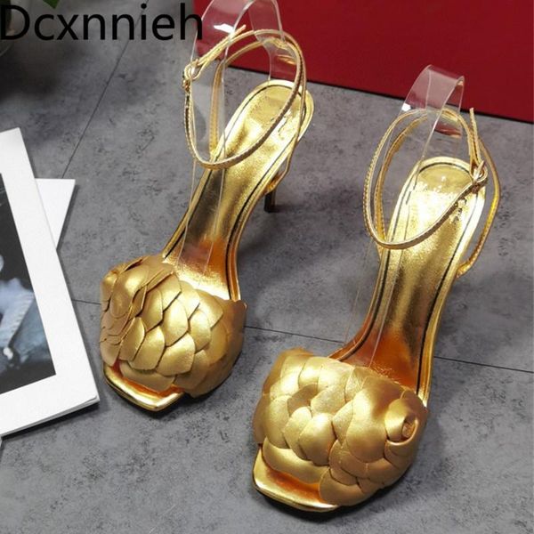 

sandals thin high heel women black petals peep toe ankle strap gladiator sandalias summer party dress shoes female golden