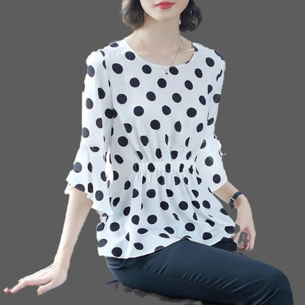 

women's blouses & shirts blouse women shirt three-quarter sleeve polka dot chiffon short blusas mujer de moda, White