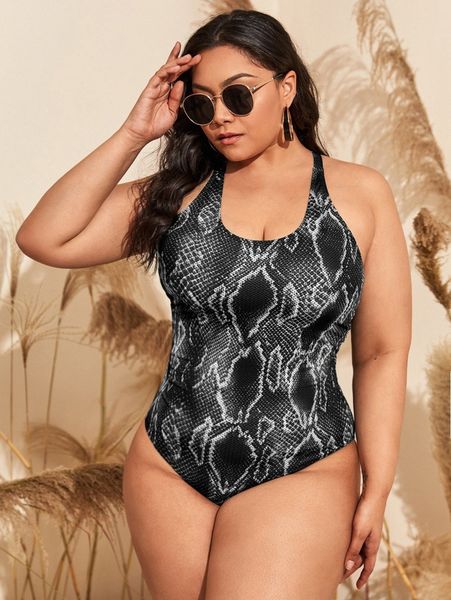 

plus snakeskin print cross back one piece swimsuit x1a6#, Black