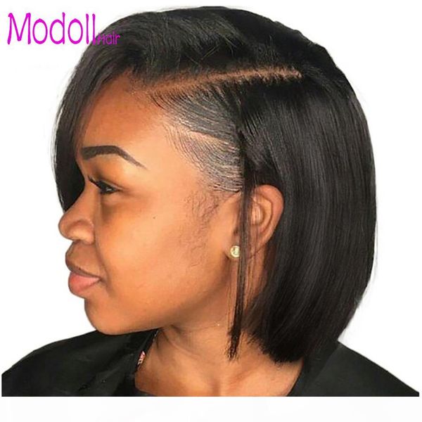 

short lace front human hair wigs brazilian remy virgin hair bob ombre wig with pre plucked hairline bleached knots 613 blonde lace wig, Black;brown