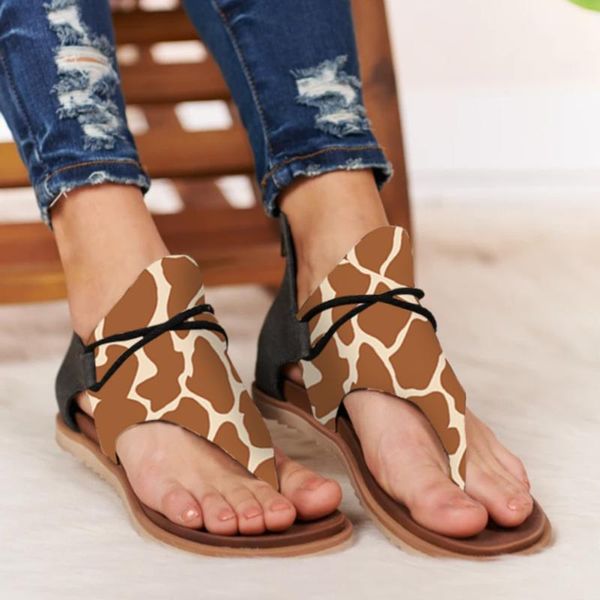 

sagace 2021 women sandals giraffe print summer shoes women large size flap flat sandals womens summer shoes ladies beach, Black