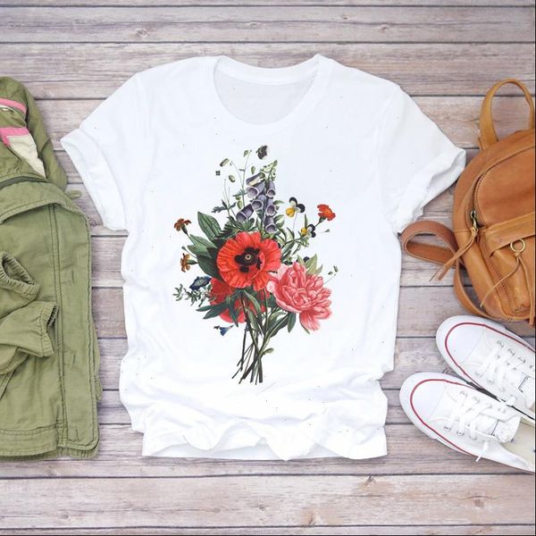 

women floral elegant cute fashion casual 90s printing print lady t shirts womens graphic t shirt ladies female tee t shirt, White