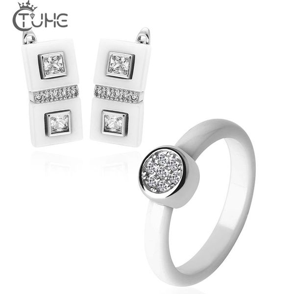 

earrings & necklace trend fashion jewelry set for women elegant style 3mm round cramic ring with rectangle stud female girls party gift, Silver