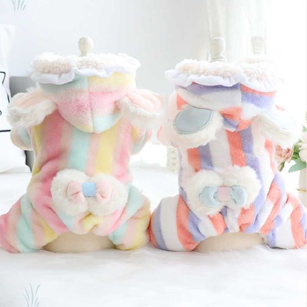 

dog apparel winter clothes for dogs stripe bowknot fleece warm jumpsuit hood dress coat