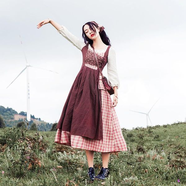 

casual dresses retro prairie chic flower dress fause two patchwork plaid piece mori girl long, Black;gray