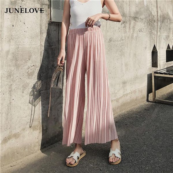 

women's pants & capris junelove 2021 summer chiffon solid women casual wide leg loose pleated ankle length elastic waist bottoms, Black;white