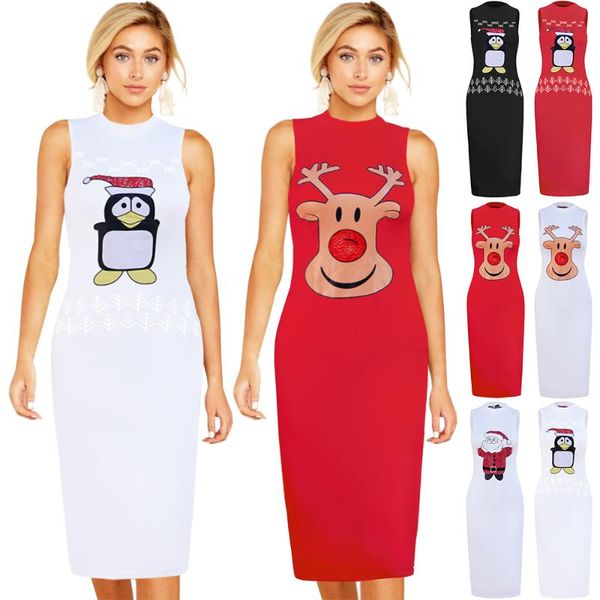 

casual dresses plus size woman vintage dress santa christmas retro xmas printed o-neck sleeveless swing women clothing, Black;gray
