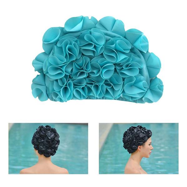 

swimming caps pleated flower petal fabric cap swim pool beach seaside protect long hair ears bathing hats for girls women adults
