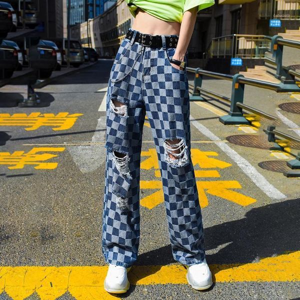 

women's jeans vintage plaid ripped fashion streetwear summer high waist loose mopping wide leg straight denim pants trousers, Blue