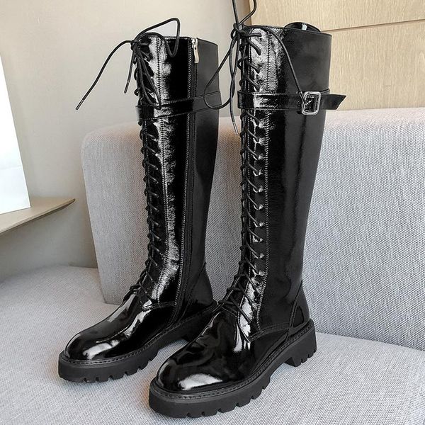 

boots cow leather knee high women med heels party night club shoes woman autumn winter warm lace up buckle decoration, Black