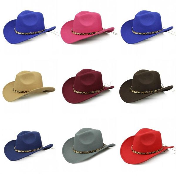 

wide brim hats leopard ribbon belt men women western cowboy cow head hat jazz british winter wool fedora cap 56-58cm, Blue;gray