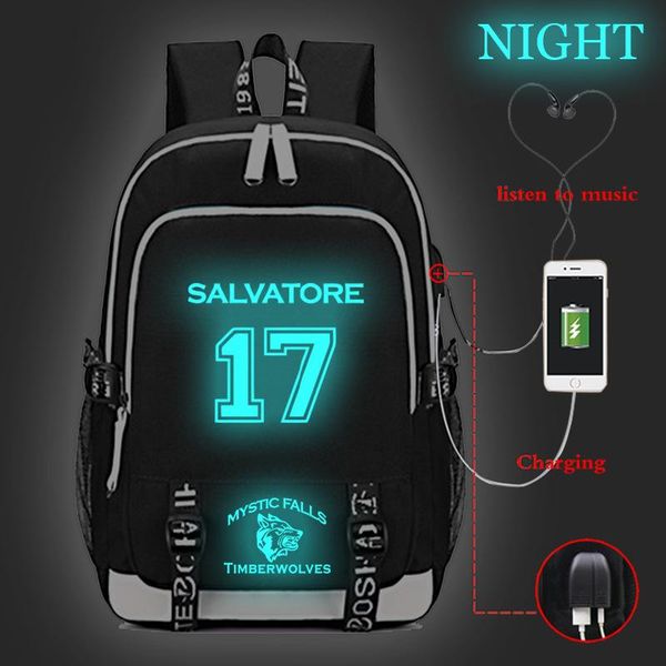 

backpack the vampire diaries luminous backpacks usb charge bags boy girl book mochila students school bag teens travel