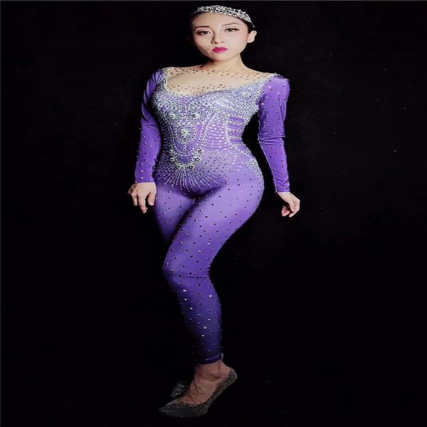 

fashion ablaze rhinestones purple jumpsuit long sleeves bodysuit women singer bar stage prom birthday outfit, Black;red