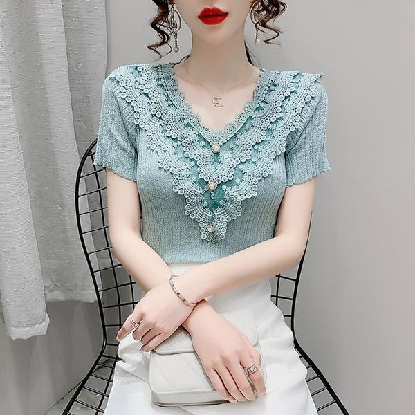 

women's t-shirt 2021 summer women fashion korean casual short-sleeved v-neck lace high stretch solid color knit office lady elegant, White