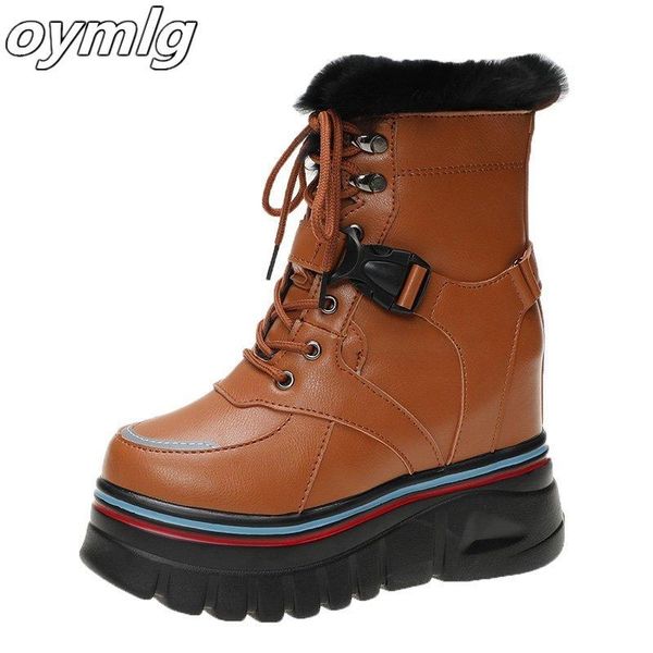 

boots women winter warm plush snow lady thick sole soft leather high platform ankle chunky sneakers woman 10cm, Black
