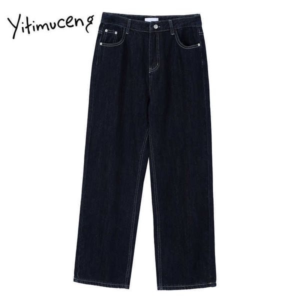 

yitimuceng plus size straight jeans for women high waisted navy blue denim comfortable pants fashion spring clothes spring 210601