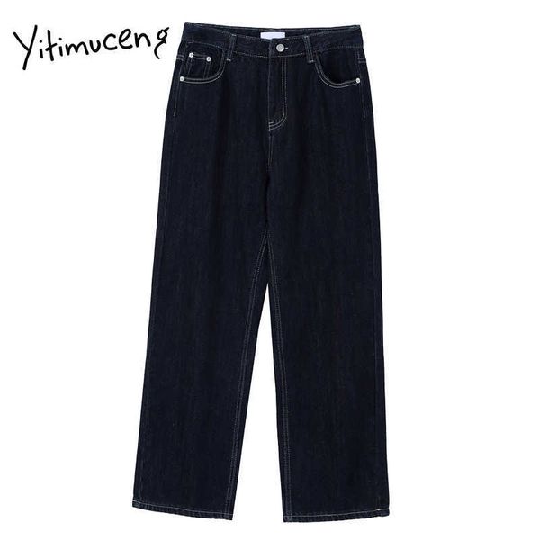 Yitimuceng Plus Größe Gerade Jeans für Frauen Hohe Taille Navy Blue Denim Bequeme Hosen Mode Frühling Kleidung Frühling 210601